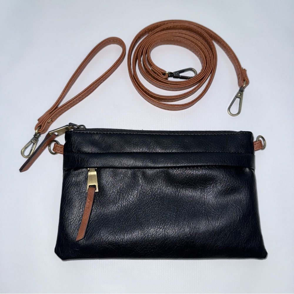 Black Brown Crossbody Bag outside zip pocket 8.5x5.5